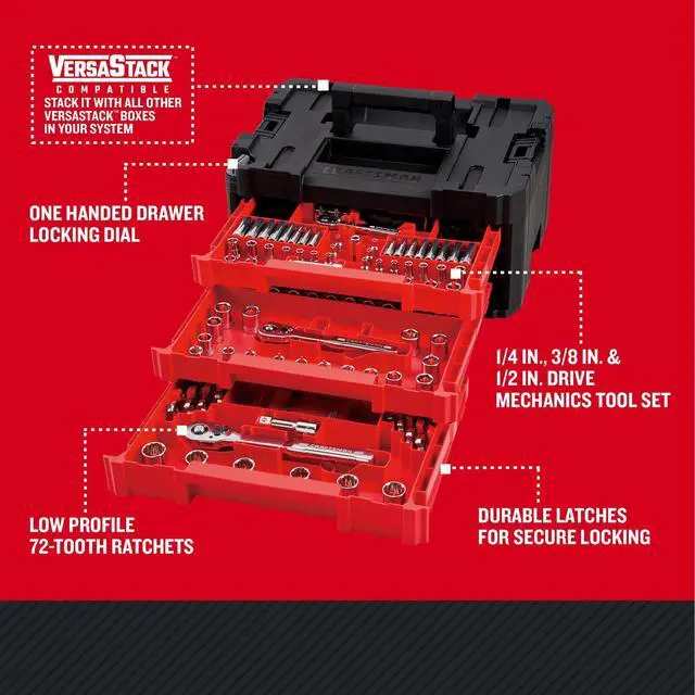 Alt view image 7 of 7 - CRAFTSMAN 230 Pcs Mechanics Tool Set, Socket Wrench Set, Car Tool Kit with VERSASTACK Toolbox, SAE and Metric,1/4 in, 3/8 in, and 1/2 Drive, Short and Long Arm Hex Keys (CMMT45306)
