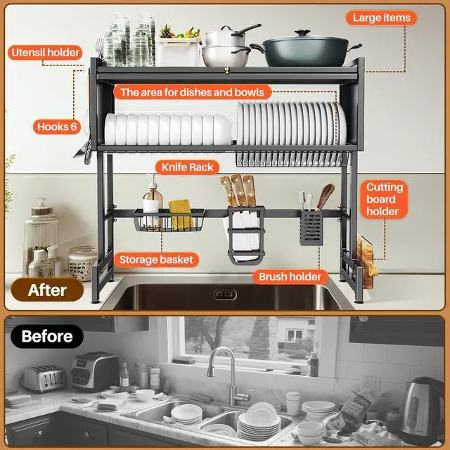 Alt view image 4 of 7 - Over The Sink Dish Drainer Drying Rack 3 Tiers with Cover, Keep Kitchen Sink Shlef Organized Space-Saving Dish Drying Rack, Large Stainless Steel Sink Dish Rack for Dishes, Bowls, Cutlery (37.4"w)