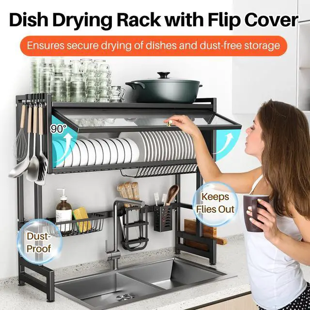 Alt view image 3 of 7 - Over The Sink Dish Drainer Drying Rack 3 Tiers with Cover, Keep Kitchen Sink Shlef Organized Space-Saving Dish Drying Rack, Large Stainless Steel Sink Dish Rack for Dishes, Bowls, Cutlery (37.4"w)