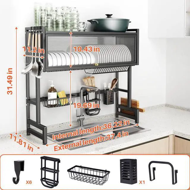 Alt view image 5 of 7 - Over The Sink Dish Drainer Drying Rack 3 Tiers with Cover, Keep Kitchen Sink Shlef Organized Space-Saving Dish Drying Rack, Large Stainless Steel Sink Dish Rack for Dishes, Bowls, Cutlery (37.4"w)