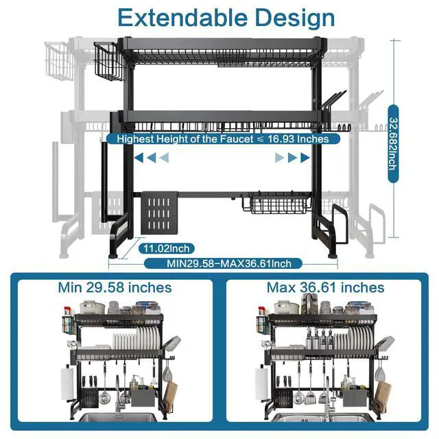 Alt view image 2 of 6 - LIVOD Over The Sink Dish Drying Rack,3 Tier Adjustable Length Full Stainless Steel Large Storage Kitchen Dish Rack,for Kitchen Counter Expandable Multifunctional Organizers,Silver(25.5'' to 37.4'')