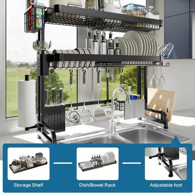 Alt view image 5 of 6 - LIVOD Over The Sink Dish Drying Rack,3 Tier Adjustable Length Full Stainless Steel Large Storage Kitchen Dish Rack,for Kitchen Counter Expandable Multifunctional Organizers,Silver(25.5'' to 37.4'')