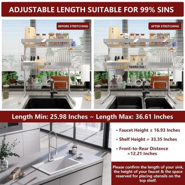 Alt view image 2 of 6 - VNKZI Over Sink Dish Drying Rack, 3 Tier Full Stainless Steel Storage Adjustable Length (25.98'' to 36.61'') Kitchen Rack, Multifunctional Expandable Counter Organizer, Space Saver Dish Rack