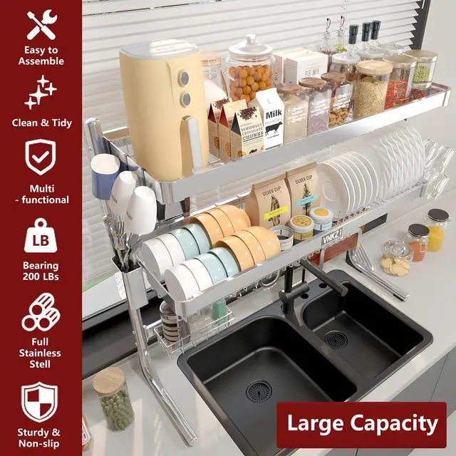 Alt view image 3 of 6 - VNKZI Over Sink Dish Drying Rack, 3 Tier Full Stainless Steel Storage Adjustable Length (25.98'' to 36.61'') Kitchen Rack, Multifunctional Expandable Counter Organizer, Space Saver Dish Rack