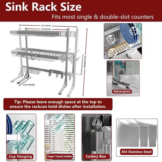 Alt view image 4 of 6 - VNKZI Over Sink Dish Drying Rack, 3 Tier Full Stainless Steel Storage Adjustable Length (25.98'' to 36.61'') Kitchen Rack, Multifunctional Expandable Counter Organizer, Space Saver Dish Rack