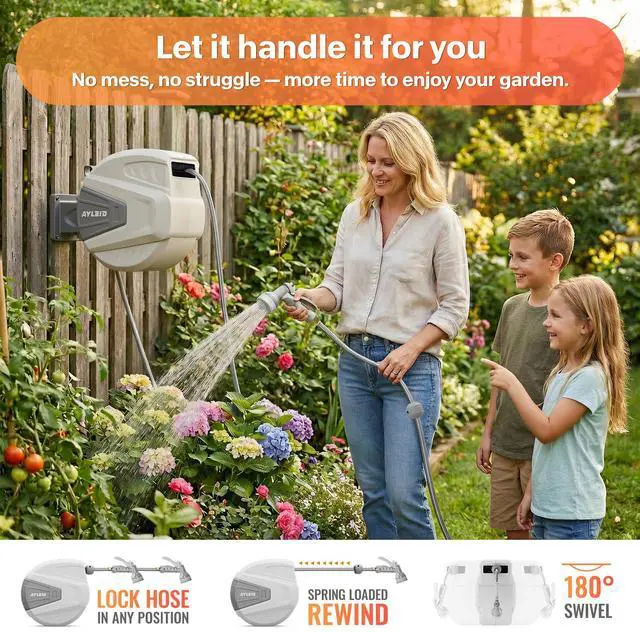 Alt view image 3 of 7 - Ayleid Retractable Rubber Hybrid Garden Hose Reel, 1/2"x65ft Wall Mount