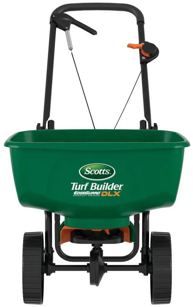 Main image of Scotts Turf Builder EdgeGuard DLX Broadcast Spreader - Spreader for Lawn Fertilizer, Weed & Insect Control, Grass Seed, and Ice Melt, Holds Up to 15,000 sq. ft. of Product