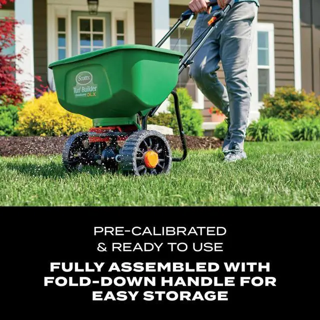 Alt view image 6 of 7 - Scotts Turf Builder EdgeGuard DLX Broadcast Spreader - Spreader for Lawn Fertilizer, Weed & Insect Control, Grass Seed, and Ice Melt, Holds Up to 15,000 sq. ft. of Product