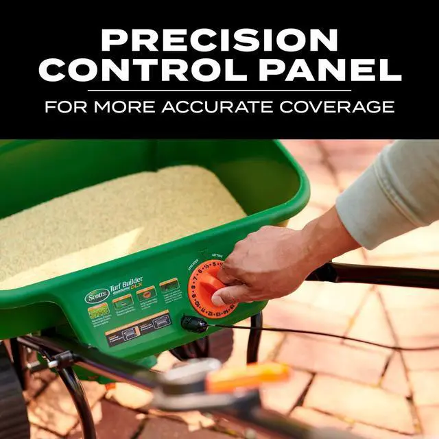 Alt view image 7 of 7 - Scotts Turf Builder EdgeGuard DLX Broadcast Spreader - Spreader for Lawn Fertilizer, Weed & Insect Control, Grass Seed, and Ice Melt, Holds Up to 15,000 sq. ft. of Product