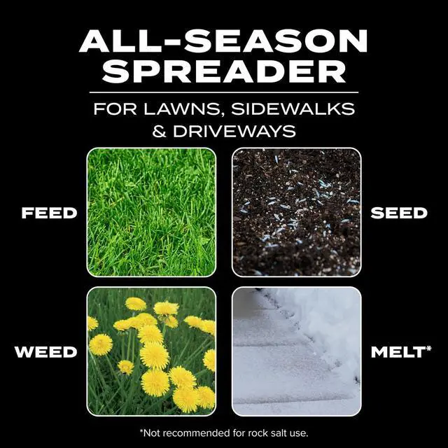 Alt view image 2 of 7 - Scotts Turf Builder EdgeGuard DLX Broadcast Spreader - Spreader for Lawn Fertilizer, Weed & Insect Control, Grass Seed, and Ice Melt, Holds Up to 15,000 sq. ft. of Product