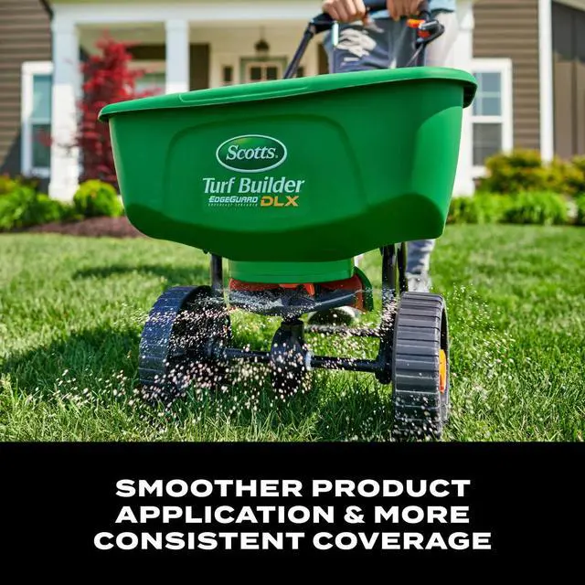 Alt view image 3 of 7 - Scotts Turf Builder EdgeGuard DLX Broadcast Spreader - Spreader for Lawn Fertilizer, Weed & Insect Control, Grass Seed, and Ice Melt, Holds Up to 15,000 sq. ft. of Product