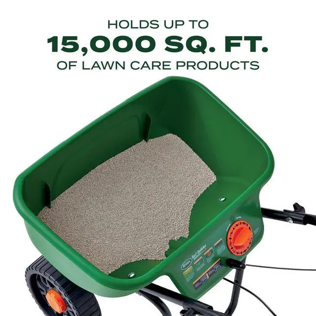 Alt view image 4 of 7 - Scotts Turf Builder EdgeGuard DLX Broadcast Spreader - Spreader for Lawn Fertilizer, Weed & Insect Control, Grass Seed, and Ice Melt, Holds Up to 15,000 sq. ft. of Product