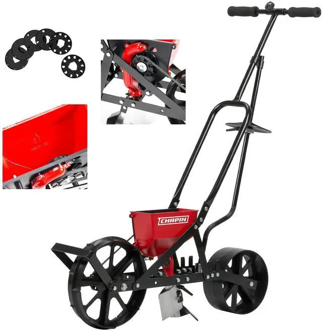 Main image of Chapin 8701B Garden Push Seeder Planter with 6 Seed Plates for up to 20 Varieties of Seeds, Zinc Plow Blade, Row Marker, Powder Coated Steel Frame, Red/Black
