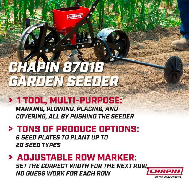 Alt view image 2 of 7 - Chapin 8701B Garden Push Seeder Planter with 6 Seed Plates for up to 20 Varieties of Seeds, Zinc Plow Blade, Row Marker, Powder Coated Steel Frame, Red/Black