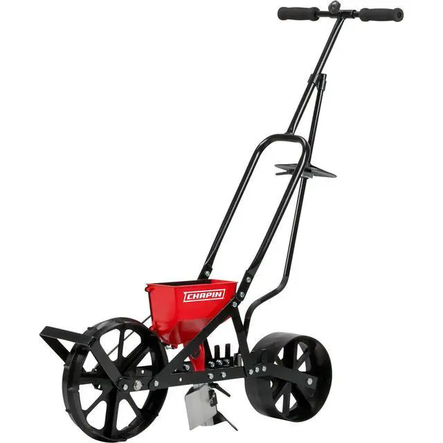 Alt view image 4 of 7 - Chapin 8701B Garden Push Seeder Planter with 6 Seed Plates for up to 20 Varieties of Seeds, Zinc Plow Blade, Row Marker, Powder Coated Steel Frame, Red/Black