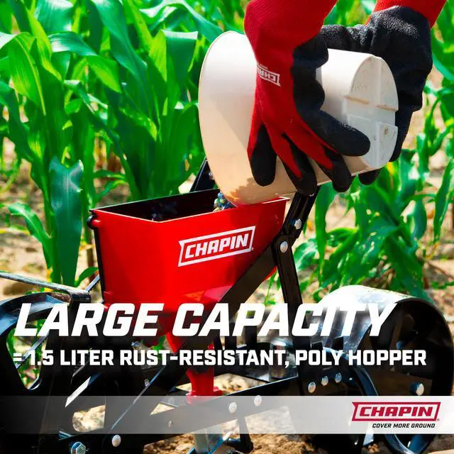 Alt view image 3 of 7 - Chapin 8701B Garden Push Seeder Planter with 6 Seed Plates for up to 20 Varieties of Seeds, Zinc Plow Blade, Row Marker, Powder Coated Steel Frame, Red/Black