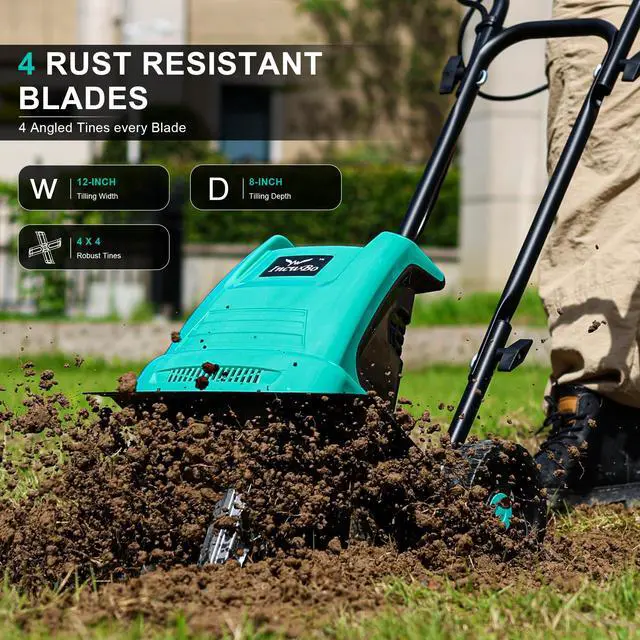 Alt view image 2 of 7 - IncwBo Electric Rototiller Garden Tiller 12 Inch Tilling Width 8-Inch Electric Tiller 10.5 Amp Tiller Cultivator for Garden Yard