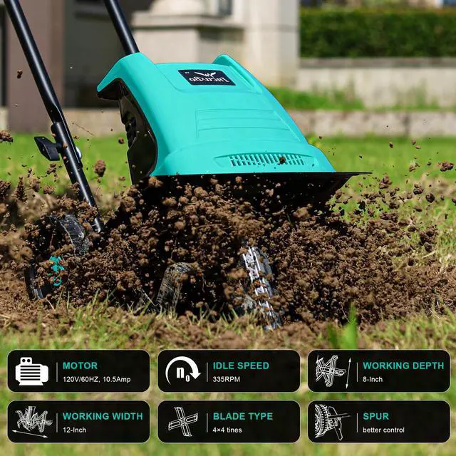 Alt view image 4 of 7 - IncwBo Electric Rototiller Garden Tiller 12 Inch Tilling Width 8-Inch Electric Tiller 10.5 Amp Tiller Cultivator for Garden Yard