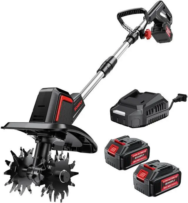Main image of SOARFLY Upgraded Cordless Electric Tiller for Gardening, Total 8.0Ah Battery Powered Mini Cultivator with 2×4.0AH Batteries, 9" Width, 6.6" Depth, 48 Steel Tines Rototiller for Soil Cultivation