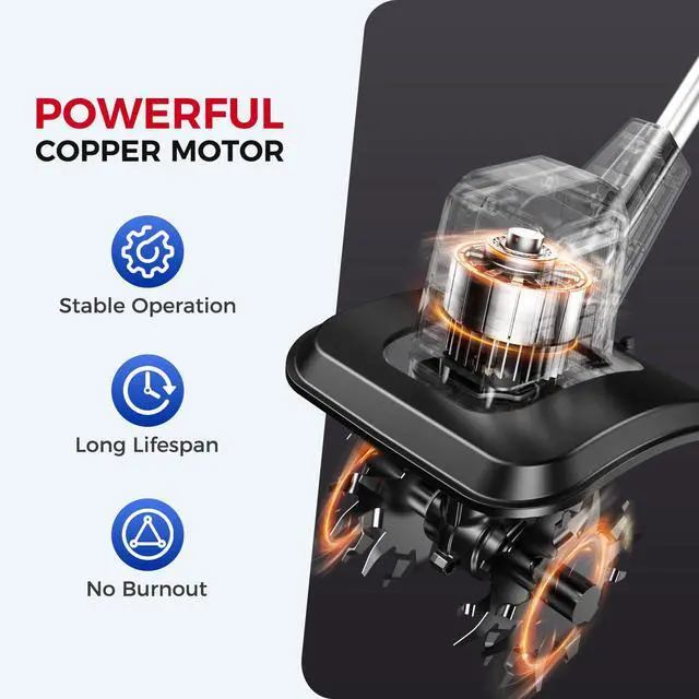 Alt view image 4 of 7 - SOARFLY Upgraded Cordless Electric Tiller for Gardening, Total 8.0Ah Battery Powered Mini Cultivator with 2×4.0AH Batteries, 9" Width, 6.6" Depth, 48 Steel Tines Rototiller for Soil Cultivation