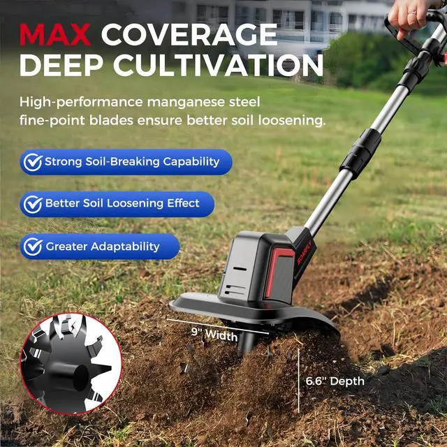 Alt view image 6 of 7 - SOARFLY Upgraded Cordless Electric Tiller for Gardening, Total 8.0Ah Battery Powered Mini Cultivator with 2×4.0AH Batteries, 9" Width, 6.6" Depth, 48 Steel Tines Rototiller for Soil Cultivation