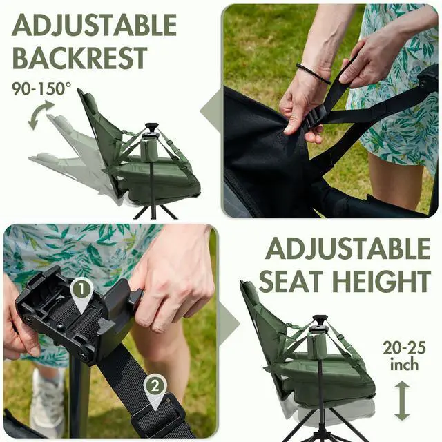 Alt view image 2 of 7 - Portal Hammock Camping Chair, Portable Outdoor Swinging Chairs with Adjustable Back and Height for Lawn, Backyard, Patio, Supports 400 lbs, Breathable Mesh High Back, Green
