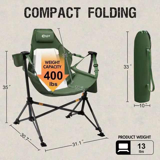 Alt view image 5 of 7 - Portal Hammock Camping Chair, Portable Outdoor Swinging Chairs with Adjustable Back and Height for Lawn, Backyard, Patio, Supports 400 lbs, Breathable Mesh High Back, Green
