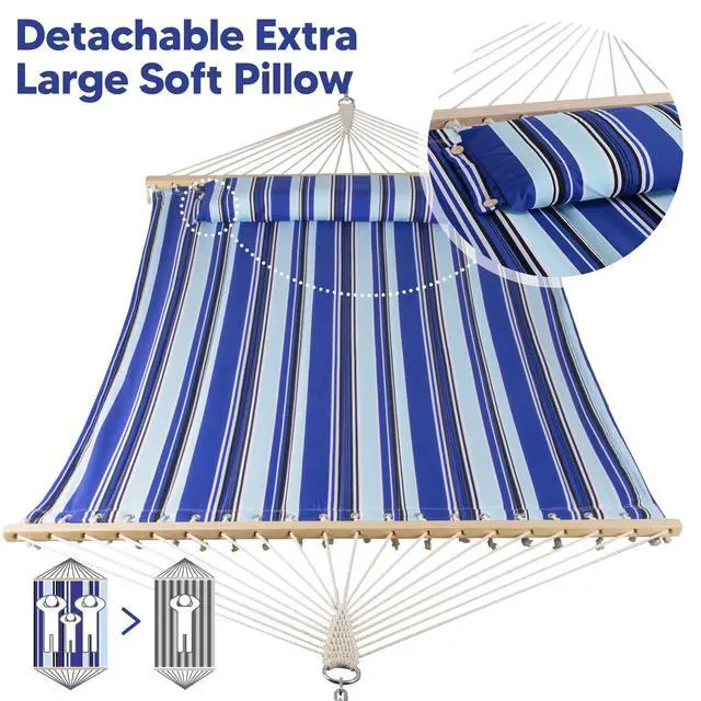 Alt view image 3 of 7 - SUNCREAT Hammocks Quilted Fabric Hammock, Double Hammock with Spreader Bar, Soft Pillow, Max 475lbs Capacity, Blue Stripes