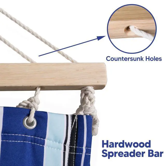 Alt view image 5 of 7 - SUNCREAT Hammocks Quilted Fabric Hammock, Double Hammock with Spreader Bar, Soft Pillow, Max 475lbs Capacity, Blue Stripes