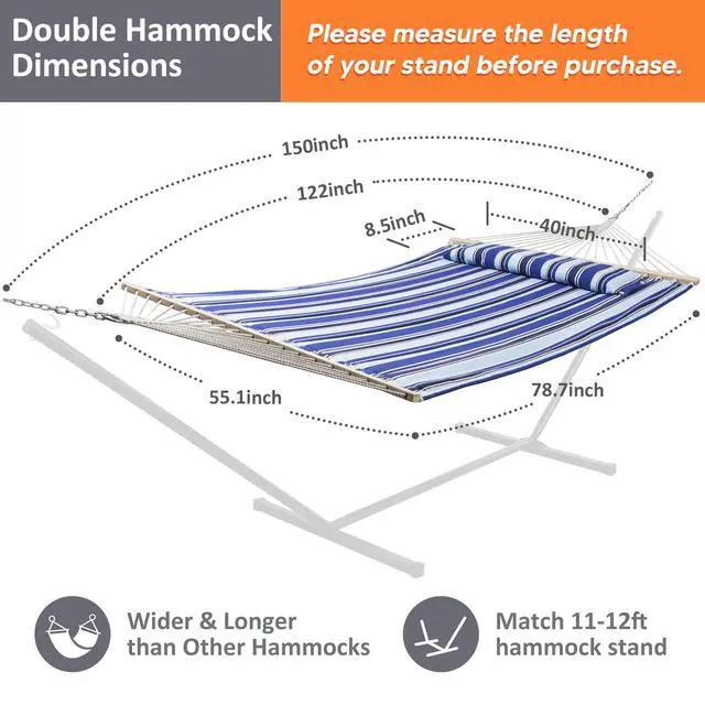 Alt view image 4 of 7 - SUNCREAT Hammocks Quilted Fabric Hammock, Double Hammock with Spreader Bar, Soft Pillow, Max 475lbs Capacity, Blue Stripes