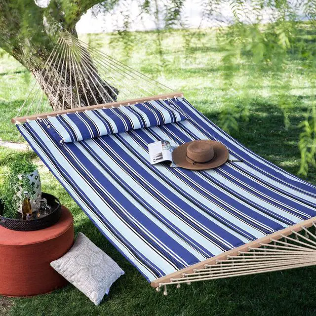Alt view image 7 of 7 - SUNCREAT Hammocks Quilted Fabric Hammock, Double Hammock with Spreader Bar, Soft Pillow, Max 475lbs Capacity, Blue Stripes