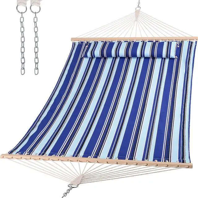 Main image of SUNCREAT Hammocks Quilted Fabric Hammock, Double Hammock with Spreader Bar, Soft Pillow, Max 475lbs Capacity, Blue Stripes