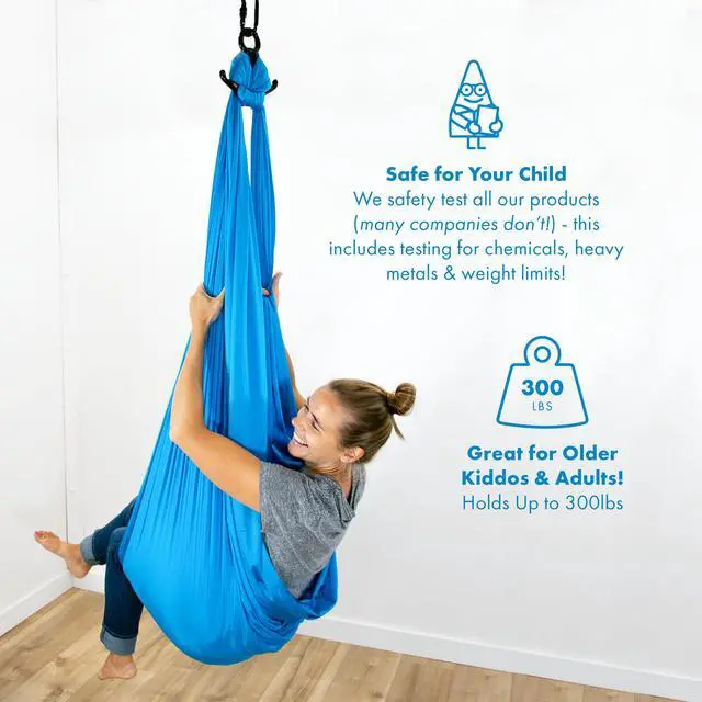 Alt view image 2 of 7 - Harkla Sensory Swing for Kids & Adults - Holds 300lbs, Indoor Outdoor Sensory Swing for Hug Like Calming Effect - Durable Soft Stretch Fabric and Heavy Duty Hardware (Blue, 110" Swing + No Swivel)