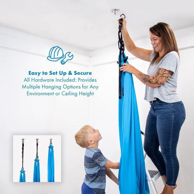 Alt view image 4 of 7 - Harkla Sensory Swing for Kids & Adults - Holds 300lbs, Indoor Outdoor Sensory Swing for Hug Like Calming Effect - Durable Soft Stretch Fabric and Heavy Duty Hardware (Blue, 110" Swing + No Swivel)