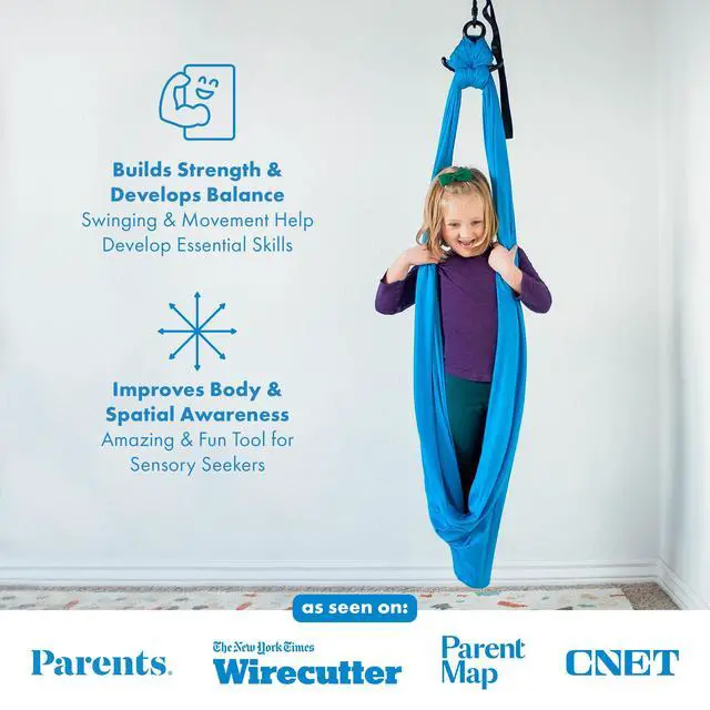 Alt view image 5 of 7 - Harkla Sensory Swing for Kids & Adults - Holds 300lbs, Indoor Outdoor Sensory Swing for Hug Like Calming Effect - Durable Soft Stretch Fabric and Heavy Duty Hardware (Blue, 110" Swing + No Swivel)