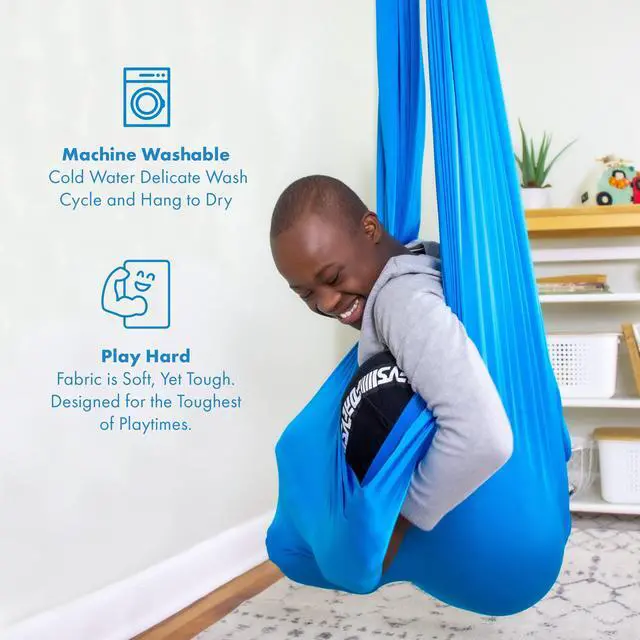 Alt view image 6 of 7 - Harkla Sensory Swing for Kids & Adults - Holds 300lbs, Indoor Outdoor Sensory Swing for Hug Like Calming Effect - Durable Soft Stretch Fabric and Heavy Duty Hardware (Blue, 110" Swing + No Swivel)