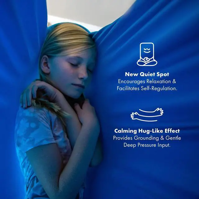 Alt view image 3 of 7 - Harkla Sensory Swing for Kids & Adults - Holds 300lbs, Indoor Outdoor Sensory Swing for Hug Like Calming Effect - Durable Soft Stretch Fabric and Heavy Duty Hardware (Blue, 110" Swing + No Swivel)