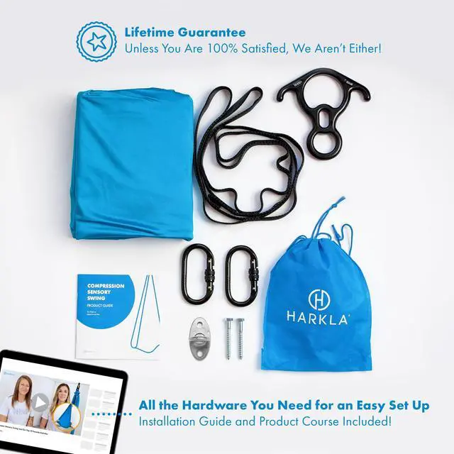 Alt view image 7 of 7 - Harkla Sensory Swing for Kids & Adults - Holds 300lbs, Indoor Outdoor Sensory Swing for Hug Like Calming Effect - Durable Soft Stretch Fabric and Heavy Duty Hardware (Blue, 110" Swing + No Swivel)