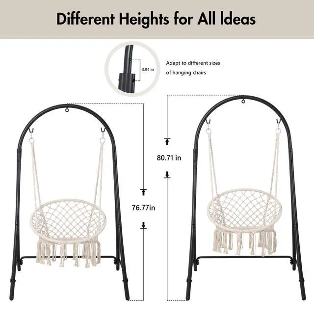 Alt view image 3 of 7 - ANOW Adjustable Hammock Chair Swing Stand Only, Heavy Duty Hanging Chair Stand with Safety Hooks for Indoors Outdoors, Max 400 Lbs, Plus Size Version, Black