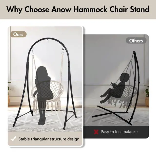 Alt view image 7 of 7 - ANOW Adjustable Hammock Chair Swing Stand Only, Heavy Duty Hanging Chair Stand with Safety Hooks for Indoors Outdoors, Max 400 Lbs, Plus Size Version, Black