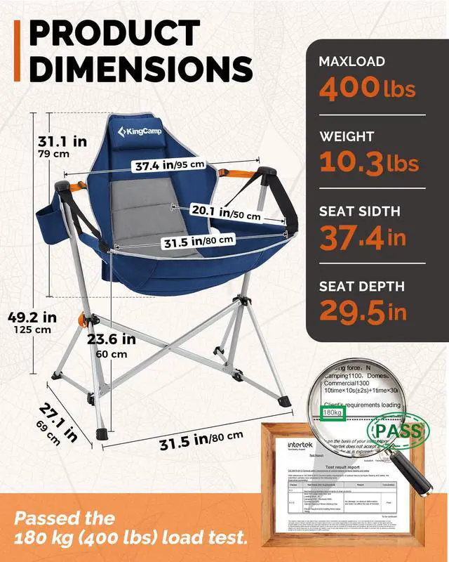 Alt view image 2 of 7 - KingCamp Hammock Camping Chair, Swinging Portable Camp Chairs for Adults, 400lbs Heavy Duty Oversized Folding Rocking Chair with Adjustable Recline, Aluminum Alloy Frame for Outdoor Patio Beach Sport