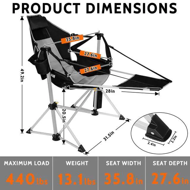 Alt view image 2 of 7 - Romswi 2-Pack Aluminum Hammock Chair with Footrest, Oversized Portable Folding Swinging Chair with Adjustable Back & Seat, Lightweight Rocking Camp Chair Supports 440lbs for Outdoor, Patio - Black