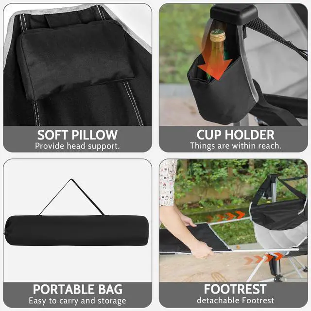 Alt view image 4 of 7 - Romswi 2-Pack Aluminum Hammock Chair with Footrest, Oversized Portable Folding Swinging Chair with Adjustable Back & Seat, Lightweight Rocking Camp Chair Supports 440lbs for Outdoor, Patio - Black