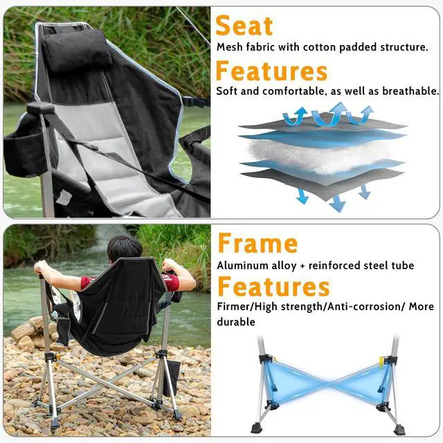 Alt view image 6 of 7 - Romswi 2-Pack Aluminum Hammock Chair with Footrest, Oversized Portable Folding Swinging Chair with Adjustable Back & Seat, Lightweight Rocking Camp Chair Supports 440lbs for Outdoor, Patio - Black
