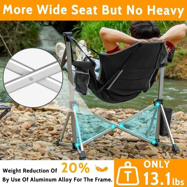 Alt view image 5 of 7 - Romswi 2-Pack Aluminum Hammock Chair with Footrest, Oversized Portable Folding Swinging Chair with Adjustable Back & Seat, Lightweight Rocking Camp Chair Supports 440lbs for Outdoor, Patio - Black