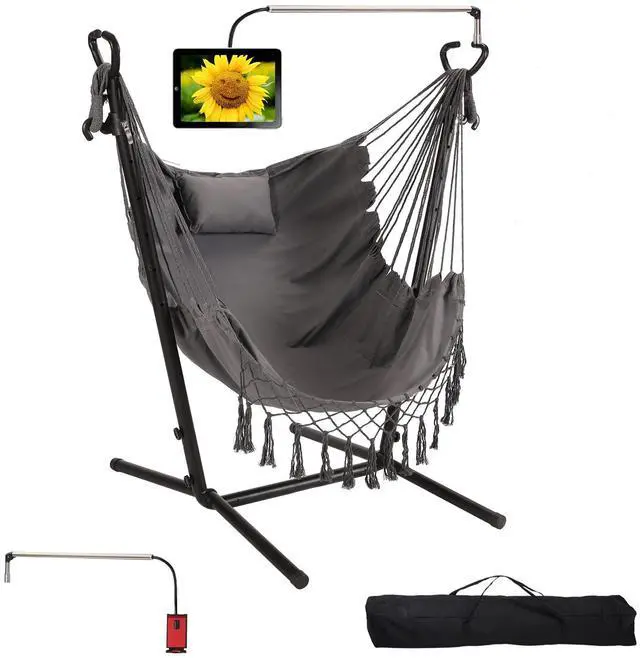 Main image of Hammock with Stand Phone Holder Included Double Hanging Chair Macrame Boho Handmade Adjustable Swing Indoor Outdoor Patio Yard Garden Porch 400lbs Capacity (2022 Grey)