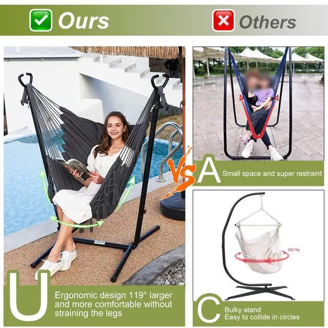 Alt view image 2 of 7 - Hammock with Stand Phone Holder Included Double Hanging Chair Macrame Boho Handmade Adjustable Swing Indoor Outdoor Patio Yard Garden Porch 400lbs Capacity (2022 Grey)