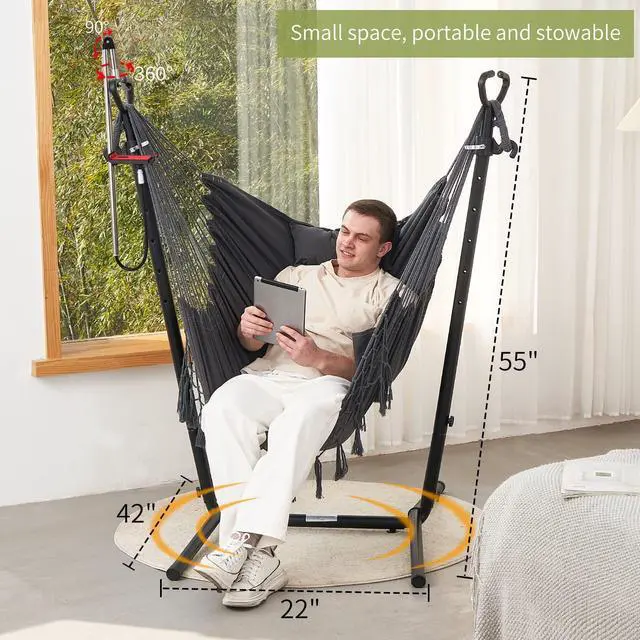 Alt view image 3 of 7 - Hammock with Stand Phone Holder Included Double Hanging Chair Macrame Boho Handmade Adjustable Swing Indoor Outdoor Patio Yard Garden Porch 400lbs Capacity (2022 Grey)