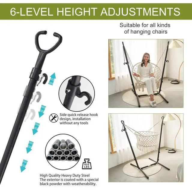 Alt view image 5 of 7 - Hammock with Stand Phone Holder Included Double Hanging Chair Macrame Boho Handmade Adjustable Swing Indoor Outdoor Patio Yard Garden Porch 400lbs Capacity (2022 Grey)