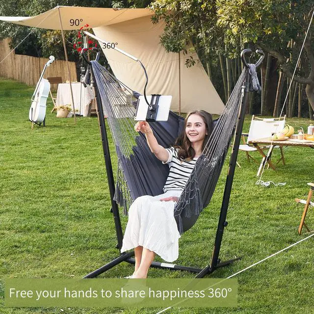 Alt view image 4 of 7 - Hammock with Stand Phone Holder Included Double Hanging Chair Macrame Boho Handmade Adjustable Swing Indoor Outdoor Patio Yard Garden Porch 400lbs Capacity (2022 Grey)
